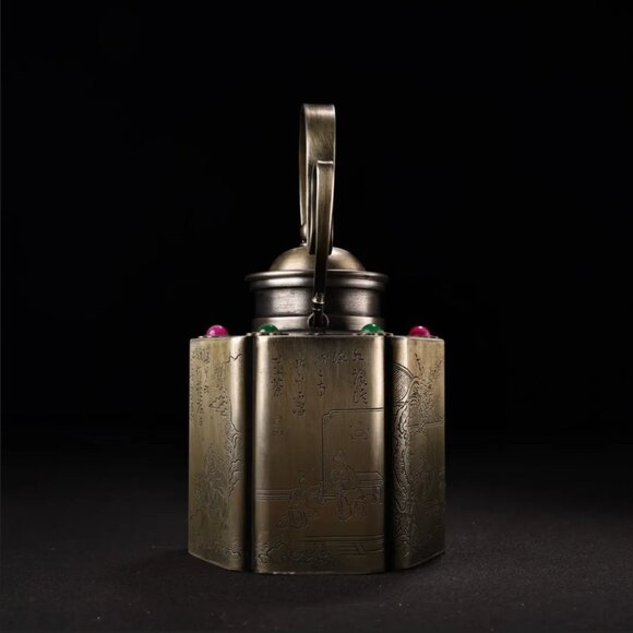 Vintage Chinese White Copper Inlay Gems Handle Teapot - Picture 5 of 10